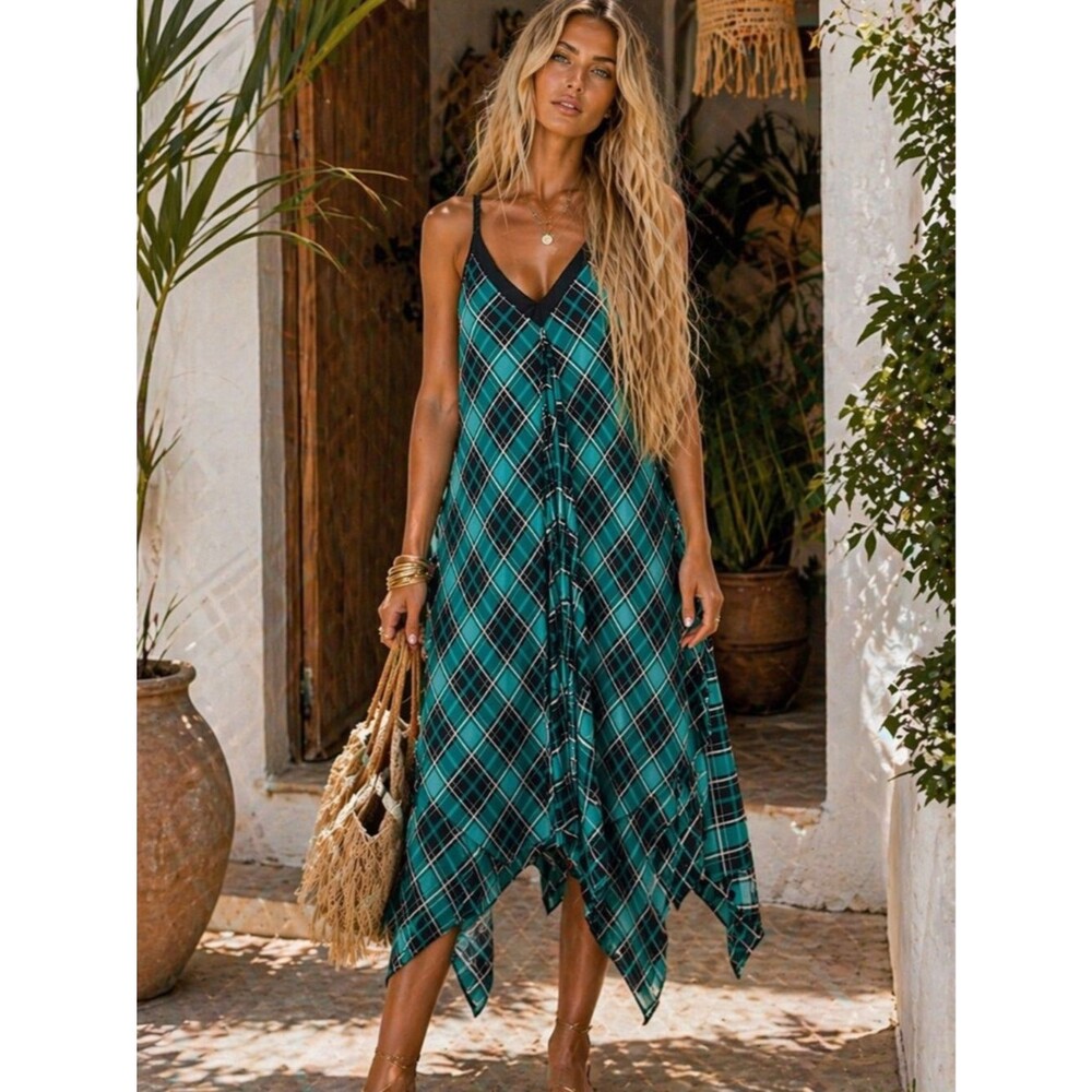 Michael Kors Plaid Handkerchief Hem Midi Dress Teal Green S/M